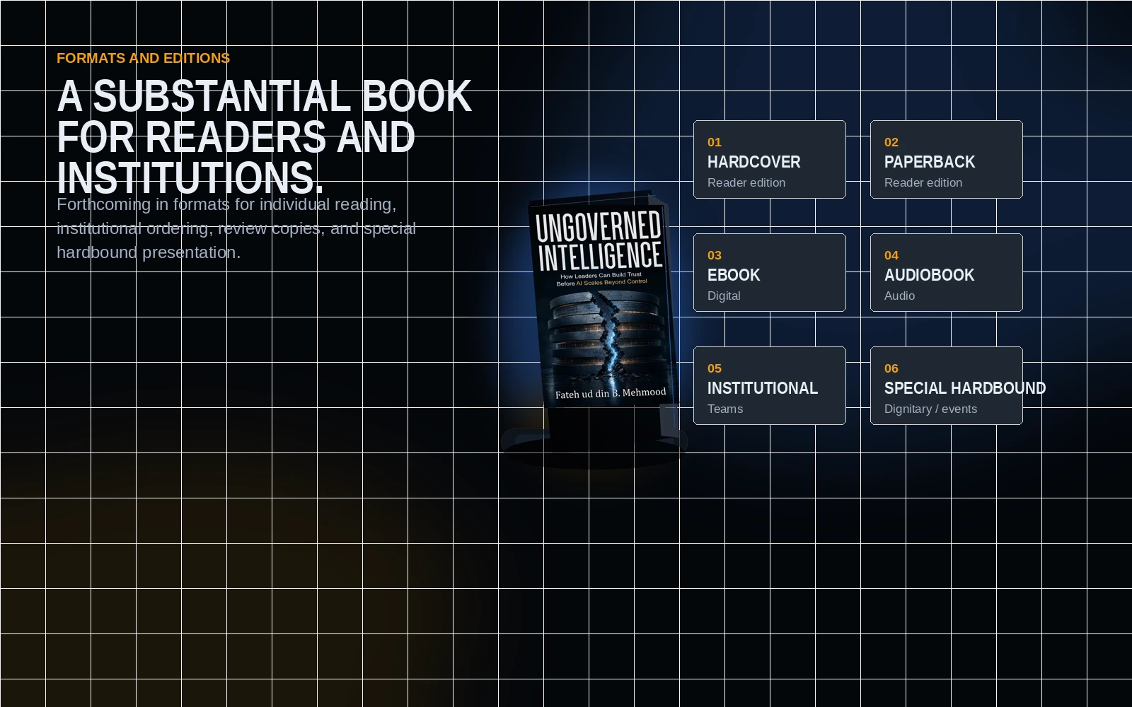 Book format tiles for hardcover, paperback, ebook, audiobook, institutional edition, and special hardbound edition
