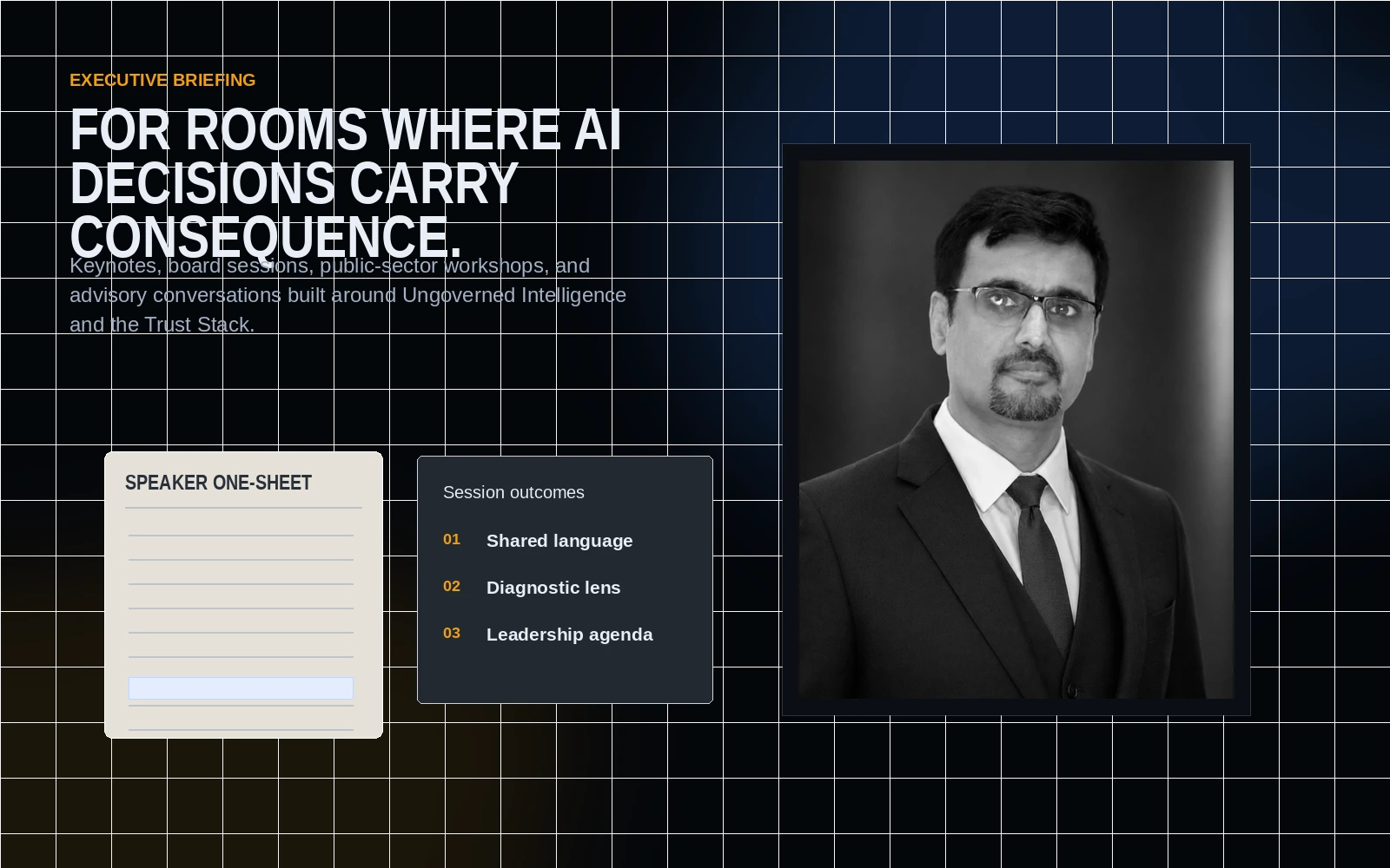 Formal author portrait with executive briefing agenda cards